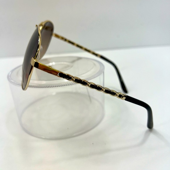 TAHARI AVIATOR 100% UV PROTECT SUNGLASSES,GOLD METAL FRAME, WOVEN LEATHER SIDES - Picture 2 of 14